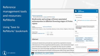Reference
management tools
and resources:
RefWorks
Using ‘Save to
RefWorks’ bookmark
 