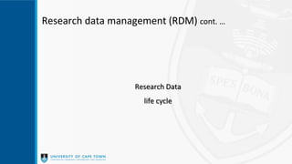 Research data management (RDM) cont. …
Research Data
life cycle
 