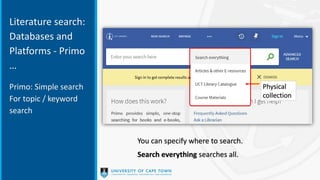 Literature search:
Databases and
Platforms - Primo
…
Primo: Simple search
For topic / keyword
search
You can specify where to search.
Search everything searches all.
Physical
collection
 
