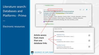 Article access
from more
than one
database links
Literature search:
Databases and
Platforms - Primo
…
Electronic resources
 