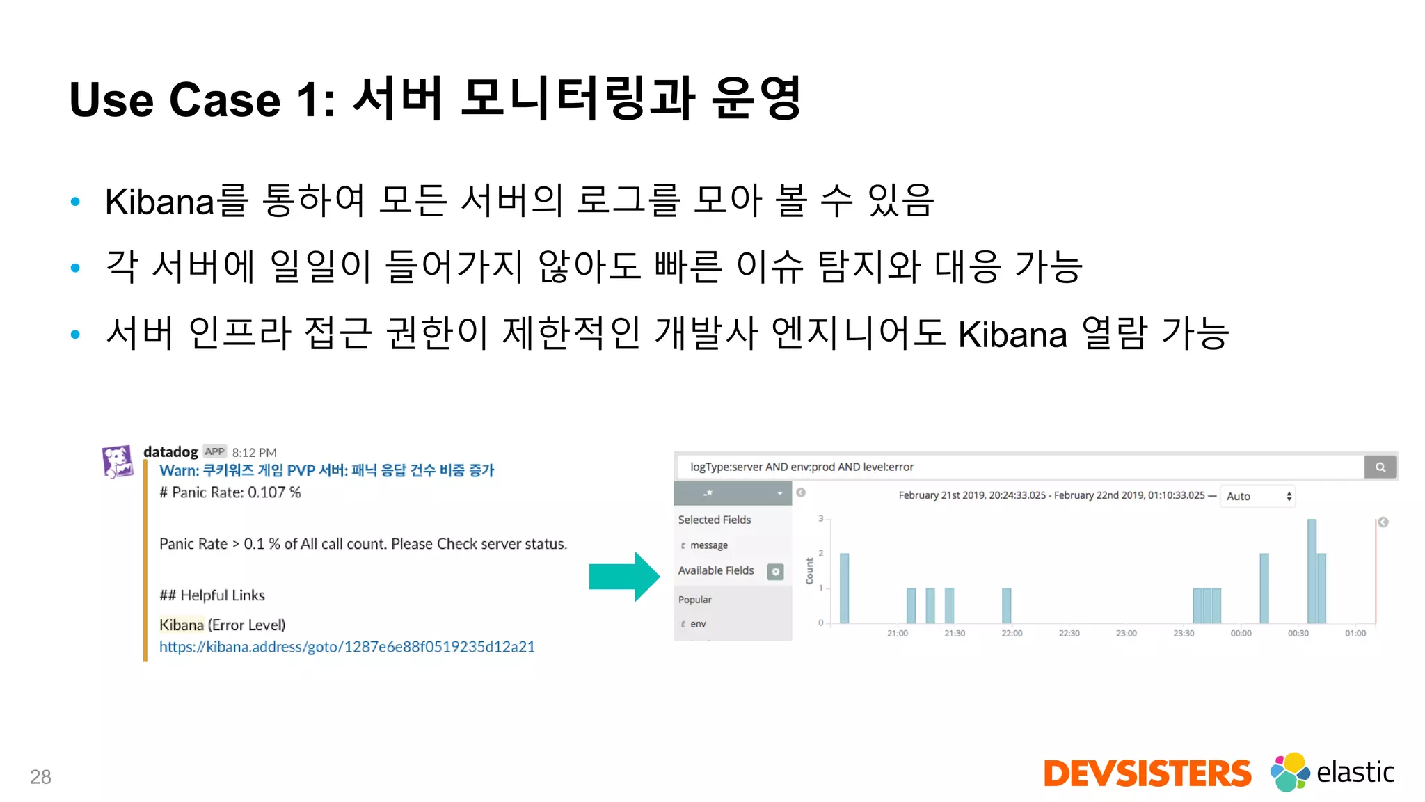 28
Use Case 1: 서버 모니터링과 운영
• Kibana를 통하여 모든 서버의 로그를 모아 볼 수 있음
• 각 서버에 일일이 들어가지 않아도 빠른 이슈 탐지와 대응 가능
• 서버 인프라 접근 권한이 제한적인 개발사 엔지니어도 Kibana 열람 가능
 