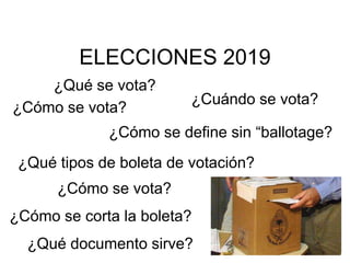 ELECCIONES 2019
¿Qué se vota?
¿Cómo se vota?
¿Cuándo se vota?
¿Cómo se define sin “ballotage?
¿Qué tipos de boleta de votación?
¿Cómo se vota?
¿Cómo se corta la boleta?
¿Qué documento sirve?
 
