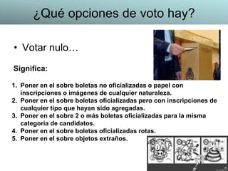 • Votar nulo…
1. Poner en el sobre boletas no oficializadas o papel con
inscripciones o imágenes de cualquier naturaleza.
2. Poner en el sobre boletas oficializadas pero con inscripciones de
cualquier tipo que hayan sido agregadas.
3. Poner en el sobre 2 o más boletas oficializadas para la misma
categoría de candidatos.
4. Poner en el sobre boletas oficializadas rotas.
5. Poner en el sobre objetos extraños.
Significa:
¿Qué opciones de voto hay?
 