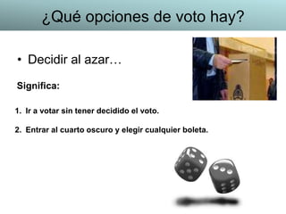 • Decidir al azar…
1. Ir a votar sin tener decidido el voto.
2. Entrar al cuarto oscuro y elegir cualquier boleta.
Significa:
¿Qué opciones de voto hay?
 