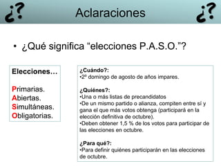• ¿Qué significa “elecciones P.A.S.O.”?
Elecciones…
Primarias.
Abiertas.
Simultáneas.
Obligatorias.
¿Cuándo?:
•2º domingo de agosto de años impares.
¿Quiénes?:
•Una o más listas de precandidatos
•De un mismo partido o alianza, compiten entre sí y
gana el que más votos obtenga (participará en la
elección definitiva de octubre).
•Deben obtener 1,5 % de los votos para participar de
las elecciones en octubre.
¿Para qué?:
•Para definir quiénes participarán en las elecciones
de octubre.
Aclaraciones
 