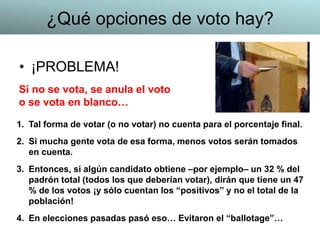 • ¡PROBLEMA!
1. Tal forma de votar (o no votar) no cuenta para el porcentaje final.
2. Si mucha gente vota de esa forma, menos votos serán tomados
en cuenta.
3. Entonces, si algún candidato obtiene –por ejemplo– un 32 % del
padrón total (todos los que deberían votar), dirán que tiene un 47
% de los votos ¡y sólo cuentan los “positivos” y no el total de la
población!
4. En elecciones pasadas pasó eso… Evitaron el “ballotage”…
Si no se vota, se anula el voto
o se vota en blanco…
¿Qué opciones de voto hay?
 