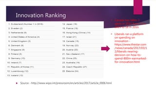Innovation Ranking
 Source - http://www.wipo.int/pressroom/en/articles/2017/article_0006.html
• Canada has fallen 3
spots in 2016 from 15 in
2015 to 18 in 2016
• Liberals ran a platform
on spending on
innovation -
https://www.thestar.com
/news/canada/2017/03/1
2/liberals-nearing-
decision-on-how-to-
spend-800m-earmarked-
for-innovation.html
 