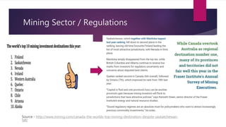 Mining Sector / Regulations
Source - http://www.mining.com/canada-the-worlds-top-mining-destination-despite-saskatchewan-
fall/
 