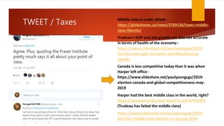 TWEET / Taxes Middle class is under attack -
https://globalnews.ca/news/3769136/taxes-middle-
class-liberals/
Trudeau’s GDP and Job growth are also not accurate
in terms of health of the economy -
https://www.slideshare.net/paulyoungcga/2019-
election-jobs-gdp-consumer-spending-housing-
canada
Canada is less competitive today than it was when
Harper left office -
https://www.slideshare.net/paulyoungcga/2019-
election-canada-and-global-competitiveness-may-
2019
Harper had the best middle class in the world, right?
https://www.youtube.com/watch?v=yOl37VcG89c
(Trudeau has failed the middle class)
https://www.slideshare.net/paulyoungcga/2019-
election-middle-class-liberals-vs-cpc-july-2019
 