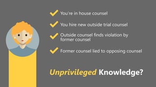 You’re in house counsel
You hire new outside trial counsel
Outside counsel finds violation by
former counsel
Former counsel lied to opposing counsel
Unprivileged Knowledge?
 