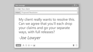 Your client
Proposed Resolution
My client really wants to resolve this.
Can we agree that you’ll each drop
your claims and go your separate
ways, with full releases?
-Joe Lawyer
 