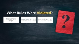What Rules Were Violated?
Prof.Cond.R.
8.4(h)
Prof.Cond.R. 5.5(a) Gov.Bar.R. VI(5)(C)
 