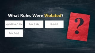 What Rules Were Violated?
Model Rule 5.5(a) Rule 5.5(b) Rule 8.1
Rule 8.4(c)
 