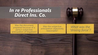In re Professionals
Direct Ins. Co.
Was the document
prepared because of a
party’s subjective
anticipation of litigation?
Was the subjective
anticipation objectively
reasonable?
What was the
“driving force”?
 