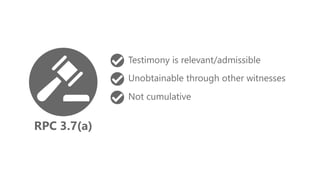 RPC 3.7(a)
Testimony is relevant/admissible
Unobtainable through other witnesses
Not cumulative
 
