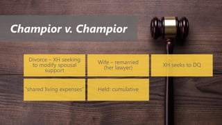 Champior v. Champior
Divorce – XH seeking
to modify spousal
support
Wife – remarried
(her lawyer) XH seeks to DQ
“shared living expenses” Held: cumulative
 