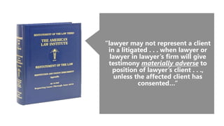 “lawyer may not represent a client
in a litigated . . . when lawyer or
lawyer in lawyer’s firm will give
testimony materially adverse to
position of lawyer’s client . . .,
unless the affected client has
consented…”
 