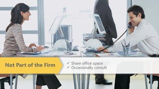  Share office space
 Occasionally consult
Not Part of the Firm
 
