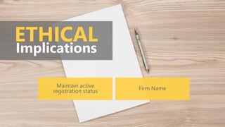 ETHICAL
Implications
Maintain active
registration status Firm Name
 