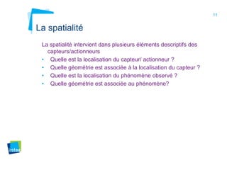 11
La spatialité
La spatialité intervient dans plusieurs éléments descriptifs des
capteurs/actionneurs
• Quelle est la localisation du capteur/ actionneur ?
• Quelle géométrie est associée à la localisation du capteur ?
• Quelle est la localisation du phénomène observé ?
• Quelle géométrie est associée au phénomène?
 