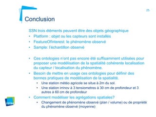 25
Conclusion
SSN trois éléments peuvent être des objets géographique
• Platform : objet ou les capteurs sont installés
• FeatureOfInterest: le phénomène observé
• Sample: l’échantillon observé
• Ces ontologies n’ont pas encore été suffisamment utilisées pour
proposer une modélisation de la spatialité cohérente localisation
du capteur / localisation du phénomène.
• Besoin de mettre en usage ces ontologies pour définir des
bonnes pratiques de modélisation de la spatialité.
• Une station météo agricole se situe à 2m du sol.
• Une station irrinov à 3 tensiometres à 30 cm de profondeur et 3
autres à 60 cm de profondeur
• Comment modéliser les agrégations spatiales?
• Changement de phénomène observé (plan / volume) ou de propriété
du phénomène observé (moyenne)
 