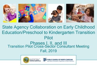 State Agency Collaboration on Early Childhood
Education/Preschool to Kindergarten Transition
Pilot
Phases I, II, and III
Transition Pilot Cross-Sector Consultant Meeting
Fall, 2019
 