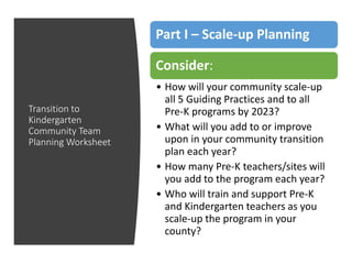 Transition to
Kindergarten
Community Team
Planning Worksheet
Part I – Scale-up Planning
Consider:
• How will your community scale-up
all 5 Guiding Practices and to all
Pre-K programs by 2023?
• What will you add to or improve
upon in your community transition
plan each year?
• How many Pre-K teachers/sites will
you add to the program each year?
• Who will train and support Pre-K
and Kindergarten teachers as you
scale-up the program in your
county?
 