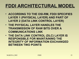 MARCH 6, 2003 FDDI 25
FDDI ARCHITECTURAL MODEL
• ACCORDING TO THE OSI-RM, FDDI SPECIFIES
LAYER 1 (PHYSICAL LAYER) AND PART OF
LAYER 2 (DATA LINK CONTROL LAYER)
• THE PHYSICAL LAYER HANDLES THE
TRANSMISSION OF RAW BITS OVER A
COMMUNICATIONS LINK
• THE DATA LINK CONTROL (DLC) LAYER IS
RESPONSIBLE FOR MAINTAINING THE
INTEGRITY OF INFORMATION EXCHANGED
BETWEEN TWO POINTS
 