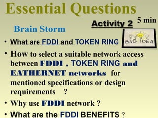 Essential Questions
• What are FDDI and TOKEN RING
• How to select a suitable network access
between FDDI , TOKEN RING and
EATHERNET networks for
mentioned specifications or design
requirements ?
• Why use FDDI network ?
• What are the FDDI BENEFITS ?
Brain Storm
5 min
 