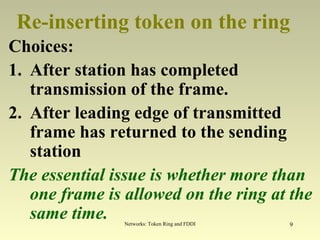 Networks: Token Ring and FDDI 9
Re-inserting token on the ring
Choices:
1. After station has completed
transmission of the frame.
2. After leading edge of transmitted
frame has returned to the sending
station
The essential issue is whether more than
one frame is allowed on the ring at the
same time.
 