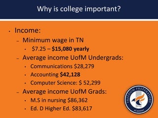 Why is college important?
• Income:
– Minimum wage in TN
• $7.25 – $15,080 yearly
– Average income UofM Undergrads:
• Communications $28,279
• Accounting $42,128
• Computer Science: $ 52,299
– Average income UofM Grads:
• M.S in nursing $86,362
• Ed. D Higher Ed. $83,617
 