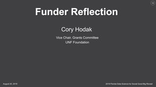 2019 Florida Data Science for Social Good Big RevealAugust 20, 2019
12
Cory Hodak
Vice Chair, Grants Committee
UNF Foundat...