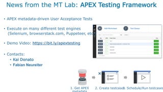 News from the MT Lab: APEX Testing Framework
• APEX metadata-driven User Acceptance Tests
• Execute on many different test engines
(Selenium, browserstack.com, Puppeteer, etc.)
• Demo Video: https://bit.ly/apextesting
• Contacts:
• Kai Donato
• Fabian Neureiter
1. Get APEX 2. Create testcases3. Schedule/Run testcases
 