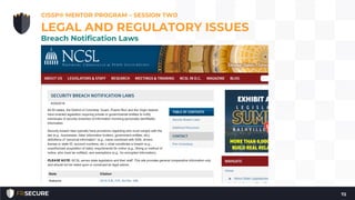 CISSP® MENTOR PROGRAM – SESSION TWO
72
LEGAL AND REGULATORY ISSUES
Breach Notification Laws
 