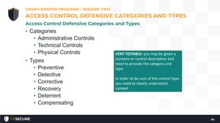 • Categories
• Administrative Controls
• Technical Controls
• Physical Controls
• Types
• Preventive
• Detective
• Corrective
• Recovery
• Deterrent
• Compensating
CISSP® MENTOR PROGRAM – SESSION TWO
84
ACCESS CONTROL DEFENSIVE CATEGORIES AND TYPES
Access Control Defensive Categories and Types
VERY TESTABLE: you may be given a
scenario or control description and
need to provide the category and
type.
In order to be sure of the control type,
you need to clearly understand
context.
 