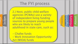 About
History
Eligibility
Process
Scope
FAQs
The FYI process
2.) Next, public child welfare
agencies (PCWAs) use a variety...