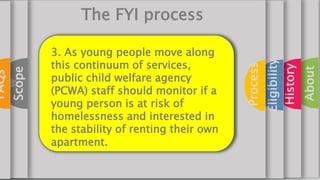 About
History
Eligibility
Process
Scope
FAQs
The FYI process
3. As young people move along
this continuum of services,
pub...