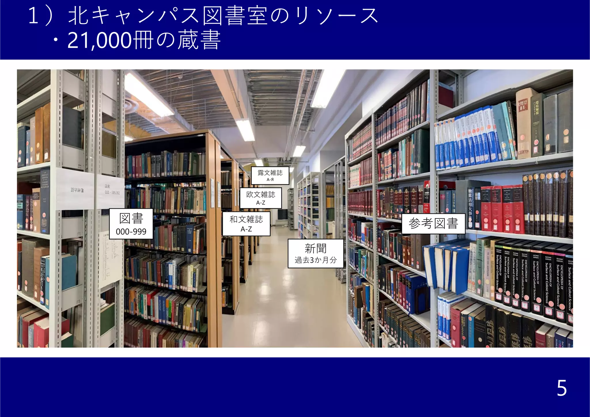 １）北キャンパス図書室のリソース
・21,000冊の蔵書
5
欧文雑誌
A-Z
露文雑誌
А-Я
図書
000-999
参考図書和文雑誌
A-Z
新聞
過去3か月分
 