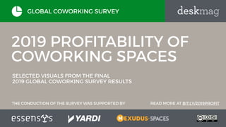 2019 PROFITABILITY OF
COWORKING SPACES
SELECTED VISUALS FROM THE FINAL
2019 GLOBAL COWORKING SURVEY RESULTS
GLOBAL COWORKING SURVEY
THE CONDUCTION OF THE SURVEY WAS SUPPORTED BY READ MORE AT BIT.LY/2019PROFIT
 