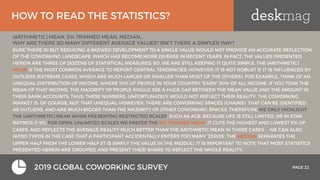 (ARITHMETIC) MEAN, 5% TRIMMED MEAN, MEDIAN…
WHY ARE THERE SO MANY DIFFERENT AVERAGE VALUES? ISN’T THERE A SIMPLER WAY?
SURE THERE IS! BUT REDUCING A SKEWED DEVELOPMENT TO A SINGLE VALUE WOULD NOT PROVIDE AN ACCURATE REFLECTION
OF THE COWORKING LANDSCAPE, WHICH HAS BECOME MORE DIVERSE IN RECENT YEARS. IN FACT, THE VALUES PRESENTED
HEREIN ARE THREE OF DOZENS OF STATISTICAL MEASURES; SO, WE ARE STILL KEEPING IT QUITE SIMPLE. THE (ARITHMETIC)
MEAN IS THE MOST COMMON AVERAGE TO REPORT CENTRAL TENDENCIES; HOWEVER, IT IS NOT ROBUST IF IT IS INFLUENCED BY
OUTLIERS (EXTREME CASES, WHICH ARE MUCH LARGER OR SMALLER THAN MOST OF THE OTHERS). FOR EXAMPLE, THINK OF AN
UNEQUAL DISTRIBUTION OF INCOME, WHERE 10% OF PEOPLE IN YOUR COUNTRY “EARN” 90% OF ALL INCOME. IF YOU TOOK THE
MEAN OF THAT INCOME, THE MAJORITY OF PEOPLE WOULD SEE A HUGE GAP BETWEEN THE MEAN VALUE AND THE AMOUNT IN
THEIR BANK ACCOUNTS. THUS, THESE NUMBERS, UNFORTUNATELY WOULD NOT REFLECT THEIR REALITY. THE COWORKING
MARKET IS, OF COURSE, NOT THAT UNEQUAL; HOWEVER, THERE ARE COWORKING SPACES (CHAINS) THAT CAN BE IDENTIFIED
AS OUTLIERS, AND ARE MUCH BIGGER THAN THE MAJORITY OF OTHER COWORKING SPACES. THEREFORE WE ONLY HIGHLIGHT
THE (ARITHMETIC) MEAN WHEN PRESENTING RESTRICTED SCALES, SUCH AS AGE, BECAUSE LIFE IS STILL LIMITED, OR IN STAR
RATINGS (1-10). FOR OPEN, UNLIMITED SCALES WE PREFER THE 5% TRIMMED MEAN. IT CUTS THE HIGHEST AND LOWEST 5% OF
CASES, AND REFLECTS THE AVERAGE REALITY MUCH BETTER THAN THE ARITHMETIC MEAN IN THOSE CASES - WE CAN ALSO
AVOID TYPOS IN THE CASE THAT A PARTICIPANT ACCIDENTALLY ENTERS TOO MANY ‘ZEROS’. THE MEDIAN SEPARATES THE
UPPER HALF FROM THE LOWER HALF (IT IS SIMPLY THE VALUE IN THE MIDDLE). IT IS IMPORTANT TO NOTE THAT MOST STATISTICS
PRESENTED HEREIN ARE GROUPED, AND PRESENT THEIR SHARE TO REFLECT THE WHOLE REALITY.
HOW TO READ THE STATISTICS?
PAGE 222019 GLOBAL COWORKING SURVEY PAGE 22
 