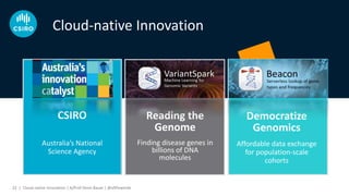 CSIRO
Australia’s National
Science Agency
Reading the
Genome
Finding disease genes in
billions of DNA
molecules
Democratize
Genomics
Affordable data exchange
for population-scale
cohorts
Cloud-native Innovation
Cloud-native Innovation | A/Prof Denis Bauer | @allPowerde22 |
 