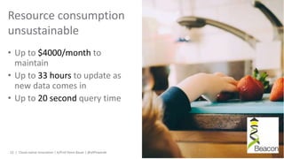 • Up to $4000/month to
maintain
• Up to 33 hours to update as
new data comes in
• Up to 20 second query time
Resource consumption
unsustainable
Cloud-native Innovation | A/Prof Denis Bauer | @allPowerde23 |
 