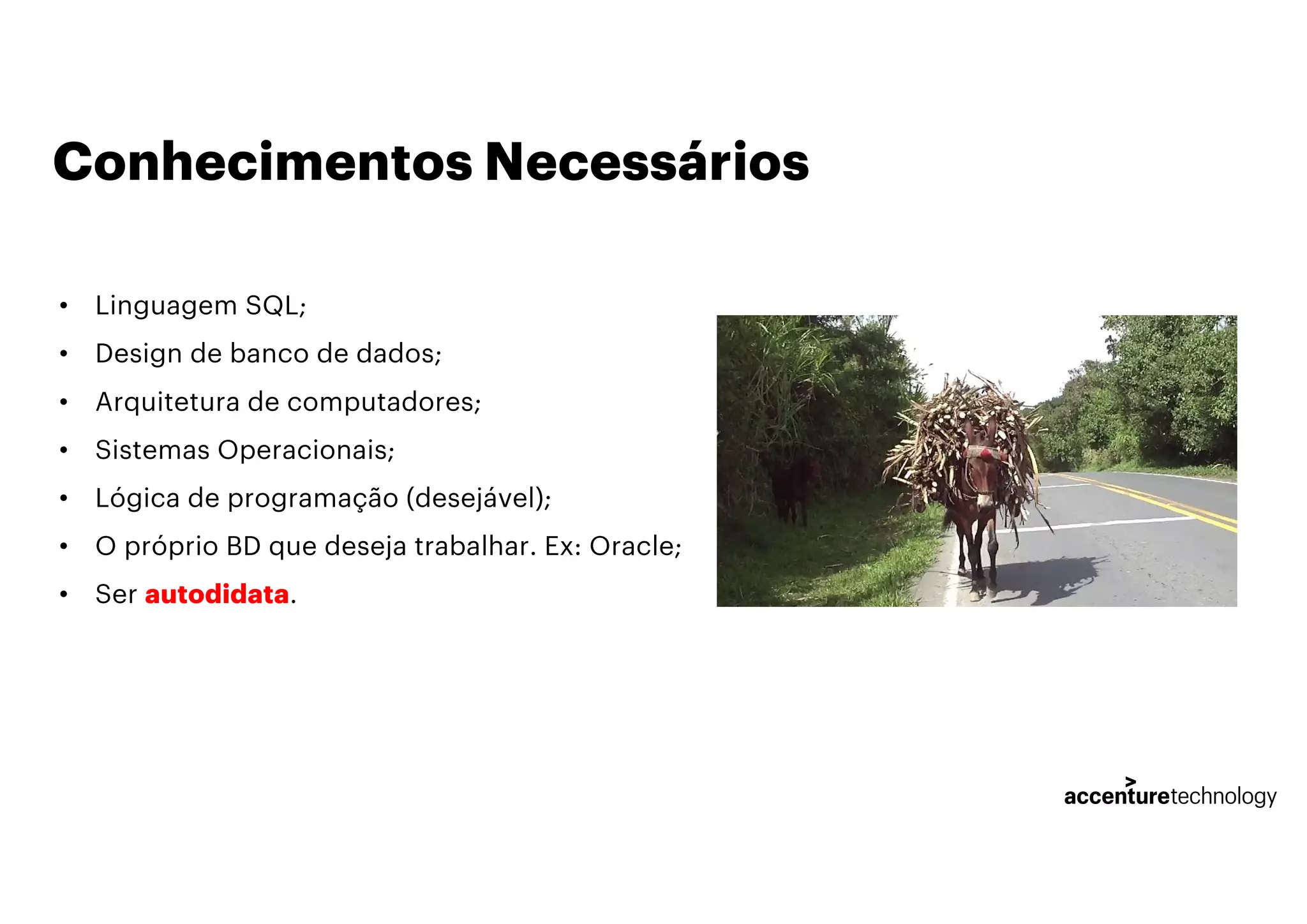 Conhecimentos Necessários
• Linguagem SQL;
• Design de banco de dados;
• Arquitetura de computadores;
• Sistemas Operacionais;
• Lógica de programação (desejável);
• O próprio BD que deseja trabalhar. Ex: Oracle;
• Ser autodidata.
 