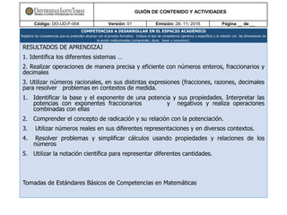 GUIÓN DE CONTENIDO Y ACTIVIDADES
Código: DO-UD-F-004 Versión: 01 Emisión: 28- 11- 2016 Página __ de __
COMPETENCIAS A DESARROLLAR EN EL ESPACIO ACADÉMICO
Registrar las competencias que se pretenden alcanzar con el proceso formativo. Indique el tipo de competencia (genérica o específica) y la relación con las dimensiones de
la acción institucionales (comprender, obrar, hacer y comunicar).
RESULTADOS DE APRENDIZAJ
1. Identifica los diferentes sistemas …
2. Realizar operaciones de manera precisa y eficiente con números enteros, fraccionarios y
decimales
3. Utilizar números racionales, en sus distintas expresiones (fracciones, razones, decimales
para resolver problemas en contextos de medida.
1. Identificar la base y el exponente de una potencia y sus propiedades. Interpretar las
potencias con exponentes fraccionarios y negativos y realiza operaciones
combinadas con ellas
2. Comprender el concepto de radicación y su relación con la potenciación.
3. Utilizar números reales en sus diferentes representaciones y en diversos contextos.
4. Resolver problemas y simplificar cálculos usando propiedades y relaciones de los
números
5. Utilizar la notación científica para representar diferentes cantidades.
Tomadas de Estándares Básicos de Competencias en Matemáticas
 