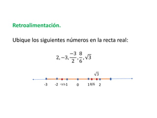 Retroalimentación.
Ubique los siguientes números en la recta real:
2, −3,
−3
2
,
8
6
, 3
0 1 2
-1
-2
-3 -3/2 8/6
3
 