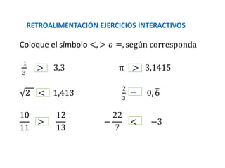 RETROALIMENTACIÓN EJERCICIOS INTERACTIVOS
Coloque el símbolo <, > 𝑜 =, según corresponda
1
3
> 3,3 π > 3,1415
2 < 1,413
2
3
= 0, 6
10
11
>
12
13
−
22
7
< −3
 