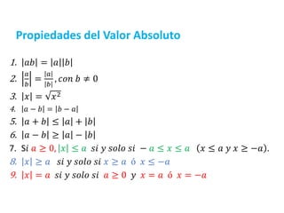 Propiedades del Valor Absoluto
1. 𝑎𝑏 = 𝑎 𝑏
2.
𝑎
𝑏
=
𝑎
𝑏
, 𝑐𝑜𝑛 𝑏 ≠ 0
3. 𝑥 = 𝑥2
4. 𝑎 − 𝑏 = 𝑏 − 𝑎
5. 𝑎 + 𝑏 ≤ 𝑎 + 𝑏
6. 𝑎 − 𝑏 ≥ 𝑎 − 𝑏
7. S𝑖 𝑎 ≥ 0, 𝑥 ≤ 𝑎 𝑠𝑖 𝑦 𝑠𝑜𝑙𝑜 𝑠𝑖 − 𝑎 ≤ 𝑥 ≤ 𝑎 𝑥 ≤ 𝑎 𝑦 𝑥 ≥ −𝑎 .
8. 𝑥 ≥ 𝑎 𝑠𝑖 𝑦 𝑠𝑜𝑙𝑜 𝑠𝑖 𝑥 ≥ 𝑎 ó 𝑥 ≤ −𝑎
9. 𝑥 = 𝑎 𝑠𝑖 𝑦 𝑠𝑜𝑙𝑜 𝑠𝑖 𝑎 ≥ 0 𝑦 𝑥 = 𝑎 ó 𝑥 = −𝑎
 