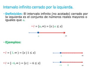 Intervalo infinito cerrado por la izquierda.
• Definición: El intervalo infinito (no acotado) cerrado por
la izquierda es el conjunto de números reales mayores o
iguales que 𝑎.
• 𝐼 = [𝑎, ∞) = 𝑥 | 𝑎 ≤ 𝑥
• Ejemplos:
• 𝐼 = [ 1, ∞ ) = 𝑥 | 1 ≤ 𝑥
• 𝐼 = [−6, ∞ ) = 𝑥 | − 6 ≤ 𝑥
𝑎 ∞
1 ∞
−6 ∞
0
 