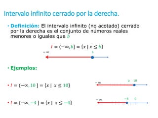 Intervalo infinito cerrado por la derecha.
• Definición: El intervalo infinito (no acotado) cerrado
por la derecha es el conjunto de números reales
menores o iguales que 𝑏
𝐼 = (−∞, 𝑏] = 𝑥 | 𝑥 ≤ 𝑏
• Ejemplos:
• 𝐼 = (−∞, 10 ] = 𝑥 | 𝑥 ≤ 10
• 𝐼 = (−∞, −4 ] = 𝑥 | 𝑥 ≤ −4
𝑏
∞
−
0
∞
− −4
10
∞
− 0
 