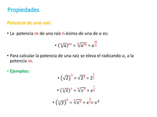 Propiedades
Potencia de una raíz
• La potencia 𝑚 de una raíz n-ésima de una de 𝑎 es:
• 𝑛
𝑎 𝑚 =
𝑛
𝑎𝑚 = 𝑎
𝑚
𝑛
• Para calcular la potencia de una raíz se eleva el radicando 𝑎, a la
potencia 𝑚.
• Ejemplos:
• 2
3
= 23 = 2
3
2
• 4
𝑥 7
=
4
𝑥7 = 𝑥
7
4
• 3
𝑦
6
=
3
𝑥6 = 𝑥
6
3= 𝑥2
 